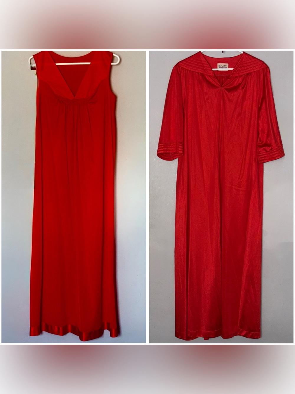 Vintage Hollywood 1970s Vanity Fair Red Satin Maxi Peignoir Set Size S